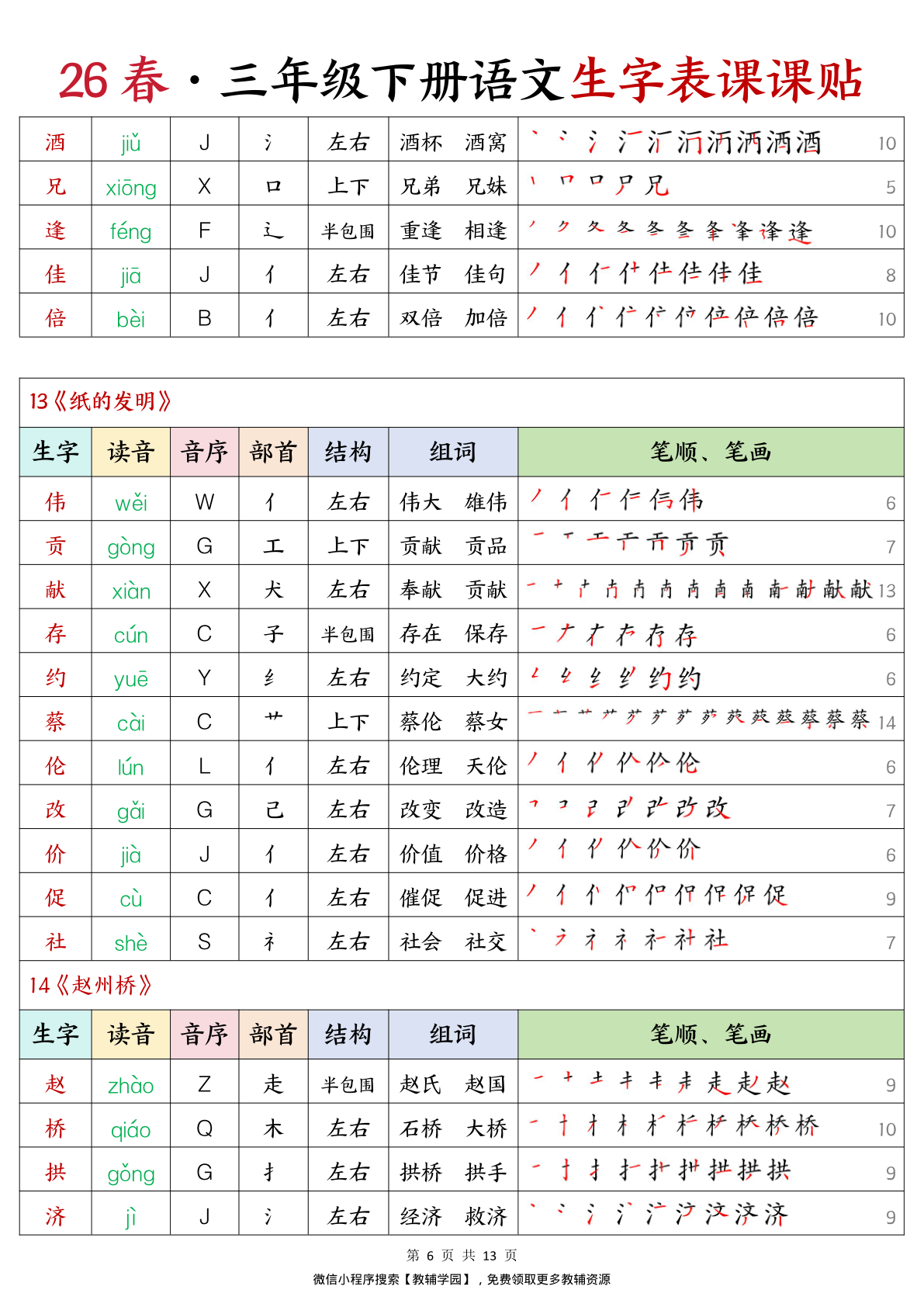 图片[6]-三年级下册（语文）生字表课课贴【电子版 可打印 含答案】（人教版）2026春