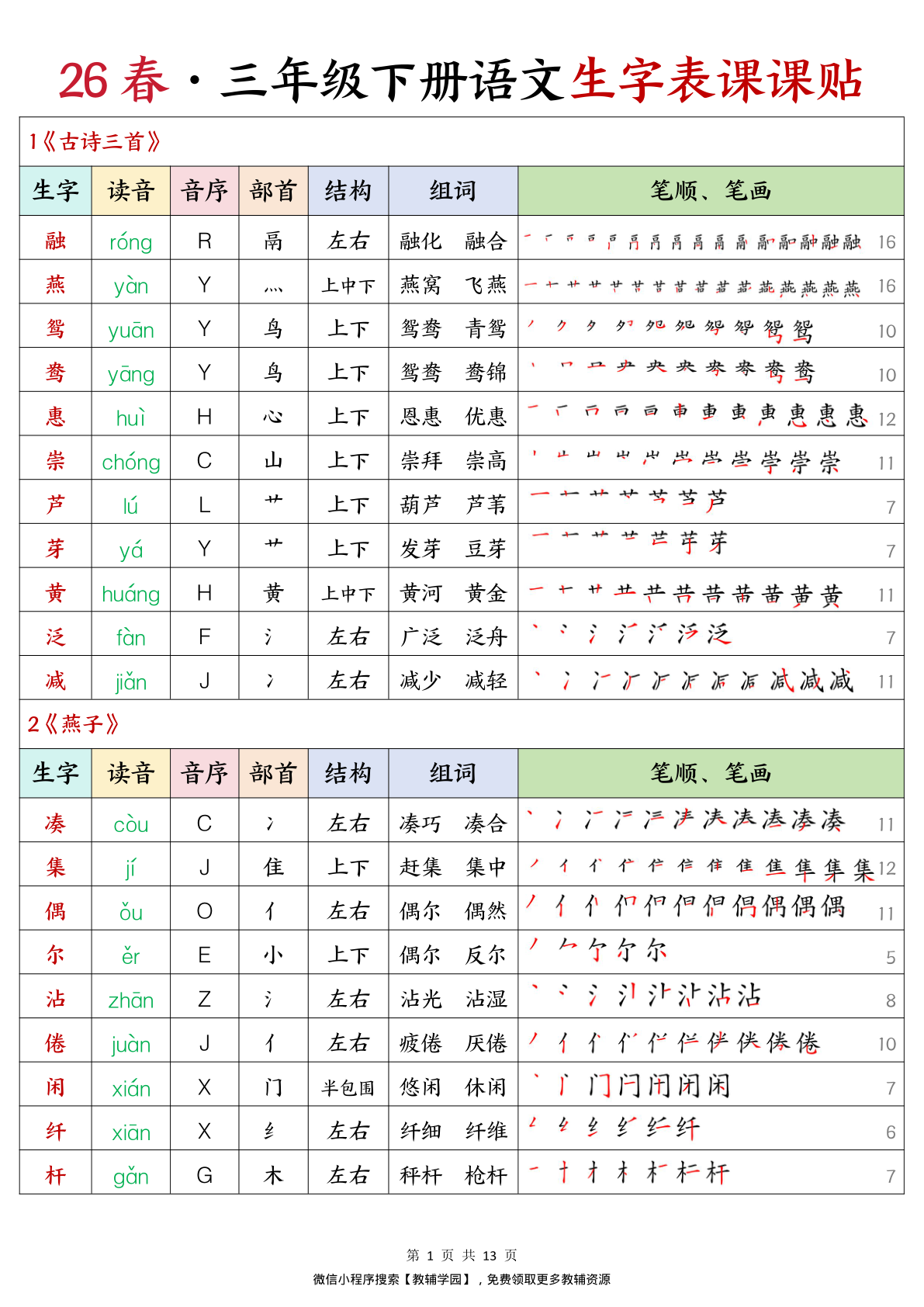 三年级下册（语文）生字表课课贴【电子版 可打印 含答案】（人教版）2026春-教辅学园