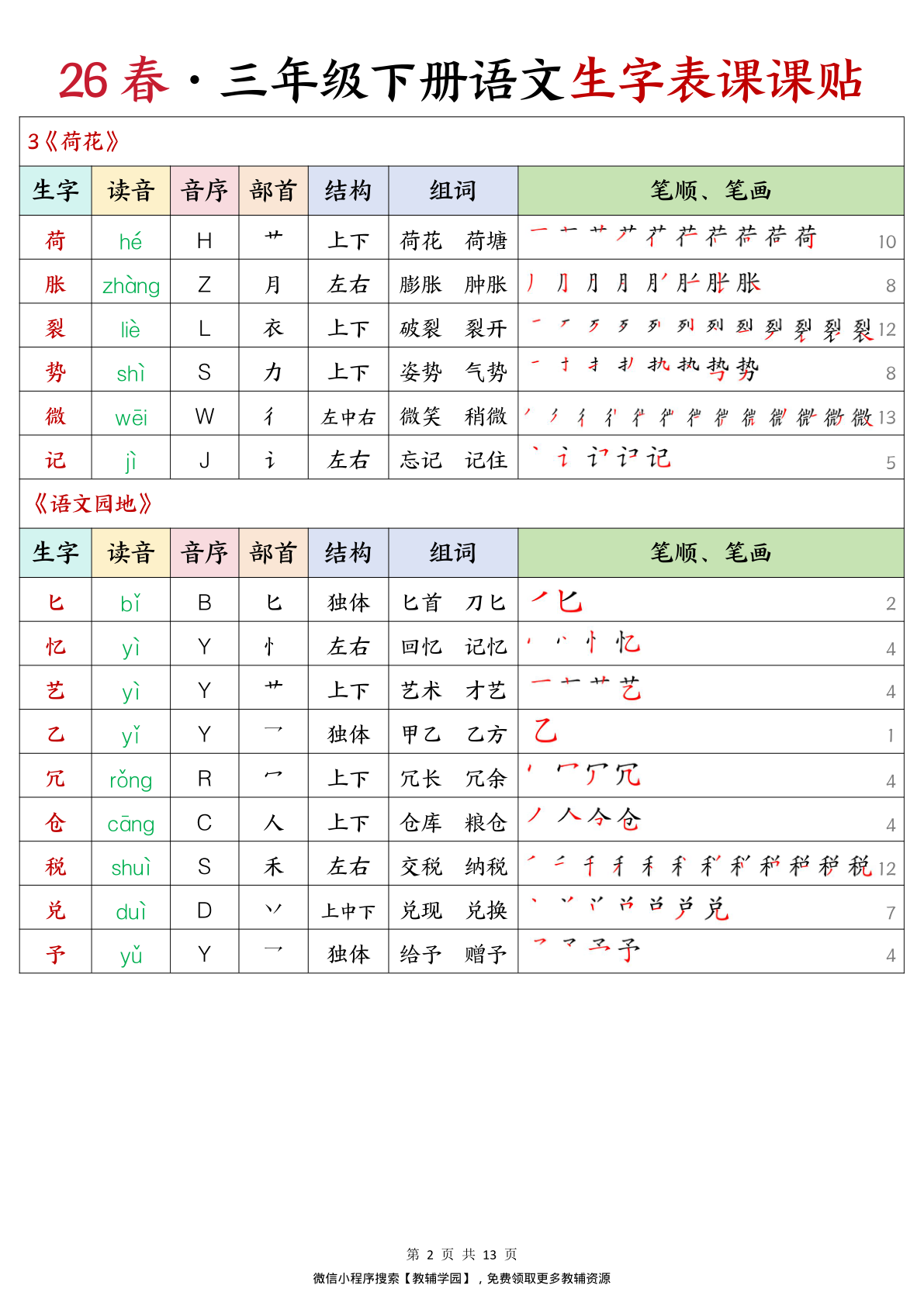 三年级下册（语文）生字表课课贴【电子版 可打印 含答案】（人教版）2026春