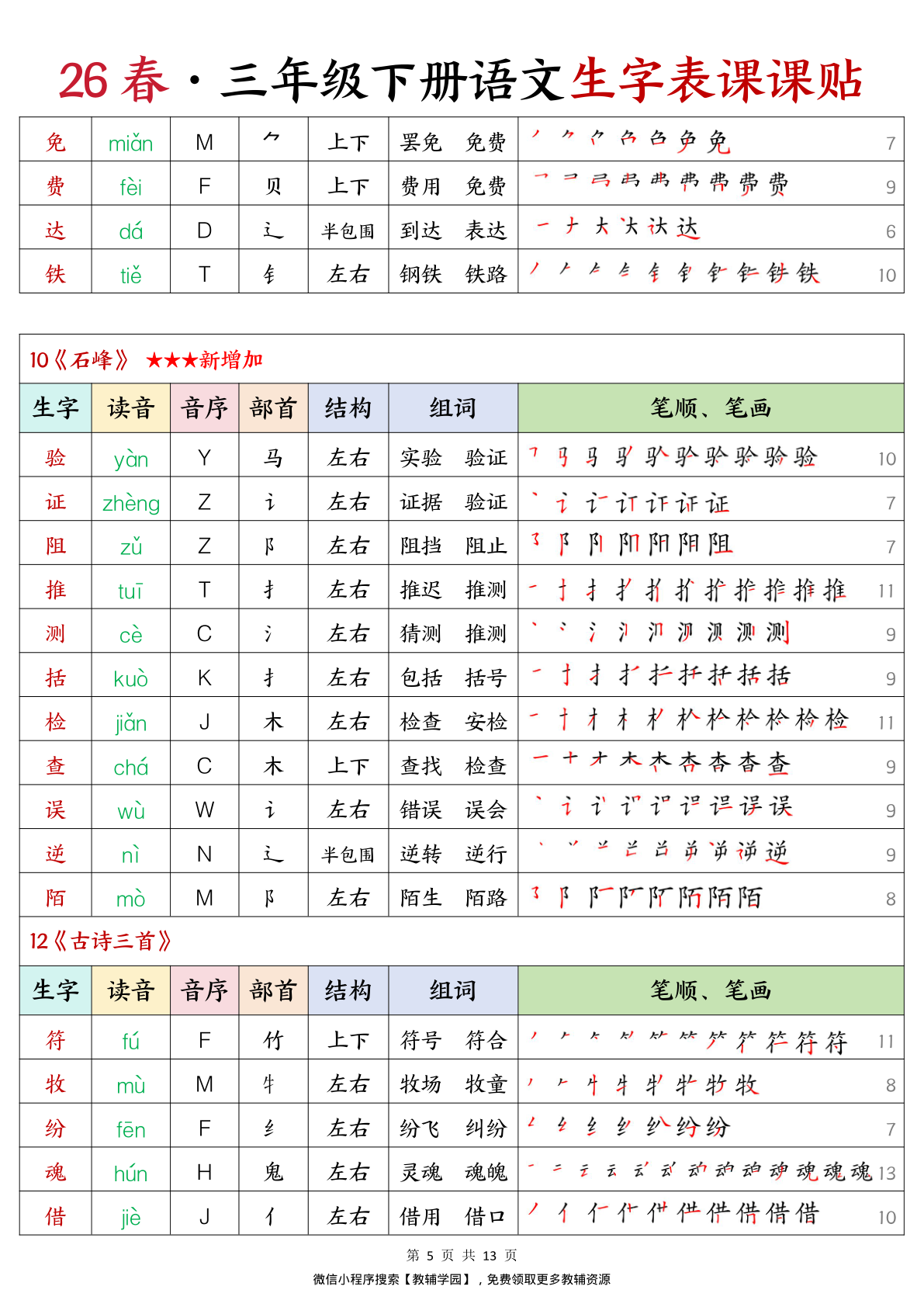 图片[5]-三年级下册（语文）生字表课课贴【电子版 可打印 含答案】（人教版）2026春