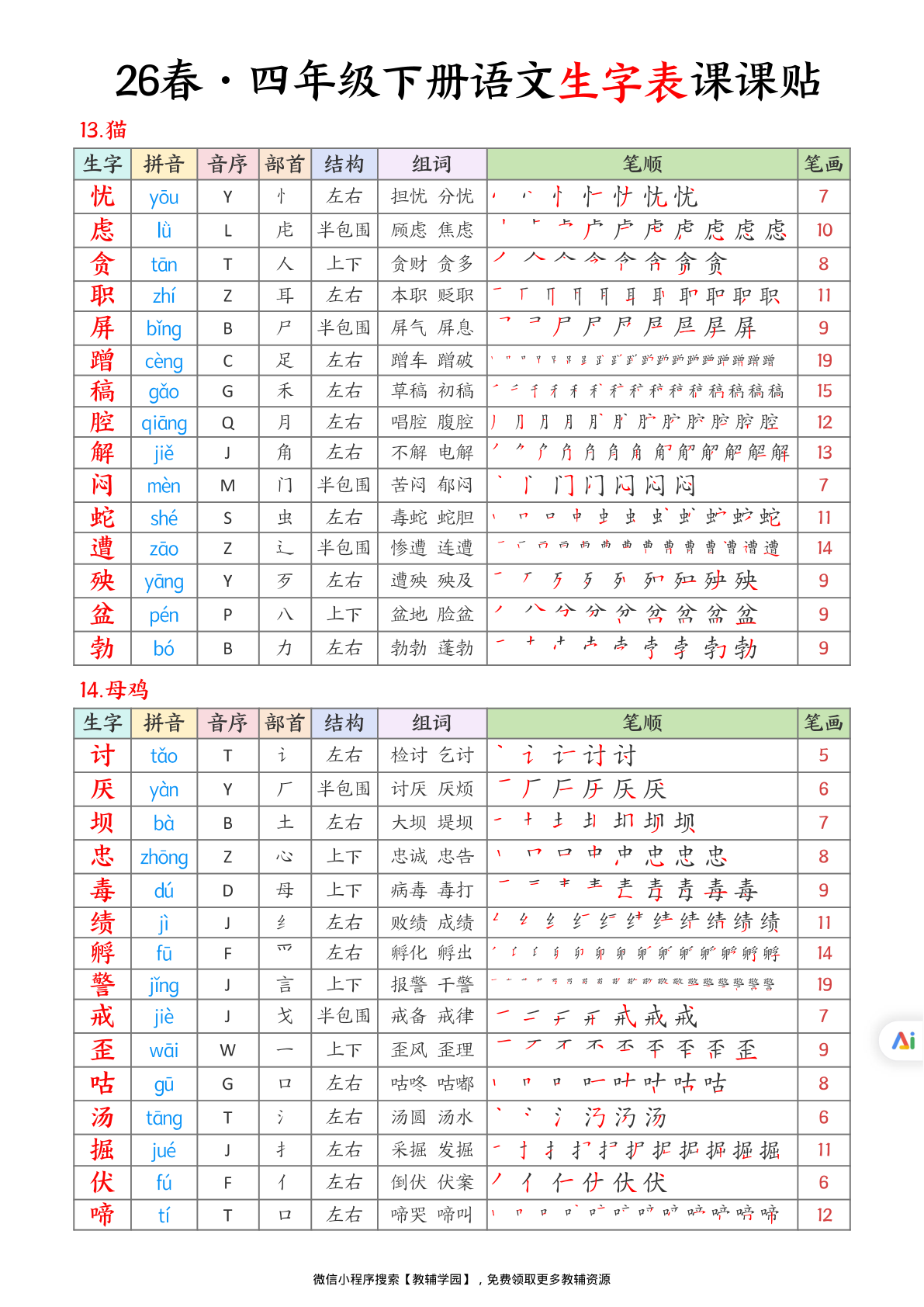 图片[5]-四年级下册（语文）生字表课课贴【电子版 可打印 含答案】（人教版）2026春
