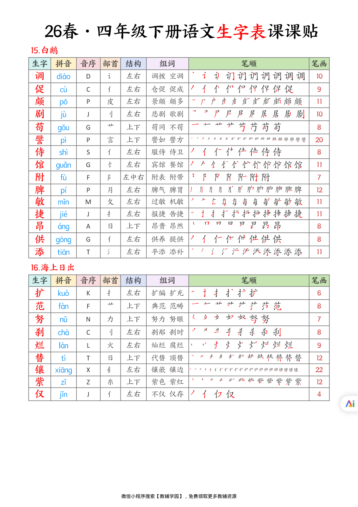 图片[6]-四年级下册（语文）生字表课课贴【电子版 可打印 含答案】（人教版）2026春